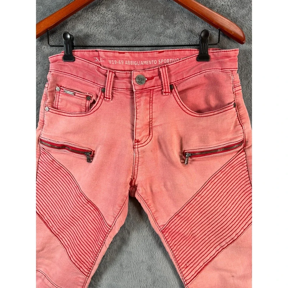 Versace V19-69 Biker Jeans Mens 30x27 Pink Stretch Faded Distressed - Picture 8 of 14